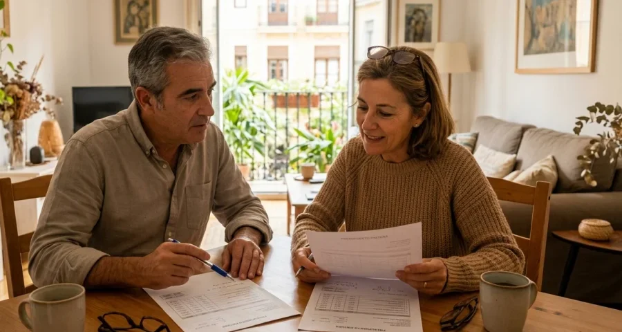 Pareja de propietarios comparando presupuestos para pintar su vivienda en Valencia.