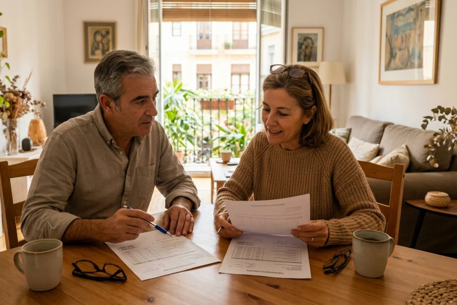Pareja de propietarios comparando presupuestos para pintar su vivienda en Valencia.