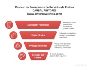 Gráfico explicando cuáles son los pasos que un propietario de vivienda o negocio debe de dar antes de contratar una empresa de pintores en Valencia hasta concluir el proyecto
