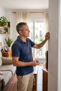 Propietario inspeccionando las paredes de su vivienda antes de solicitar un presupuesto de pintura.