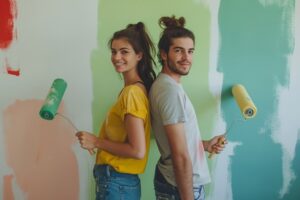 Pareja elegiendo colores para pintar una pared con imperfecciones 