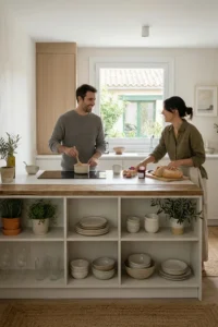 Pareja preparando el desayuno en una cocina luminosa con paredes de fácil mantenimiento.