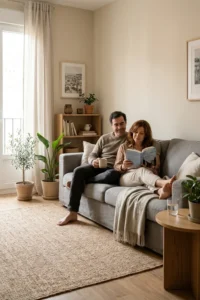 Pareja descansando en un salón luminoso con paredes pintadas en tonos neutros.