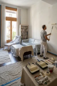 Pintor profesional trabajando en un piso amueblado con los muebles protegidos.