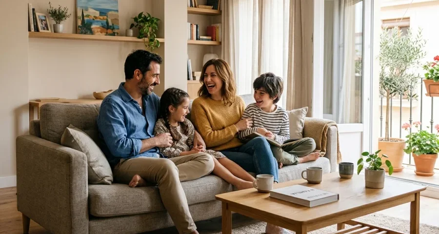 Familia disfrutando de su salón con paredes pintadas en tonos cálidos y neutros.