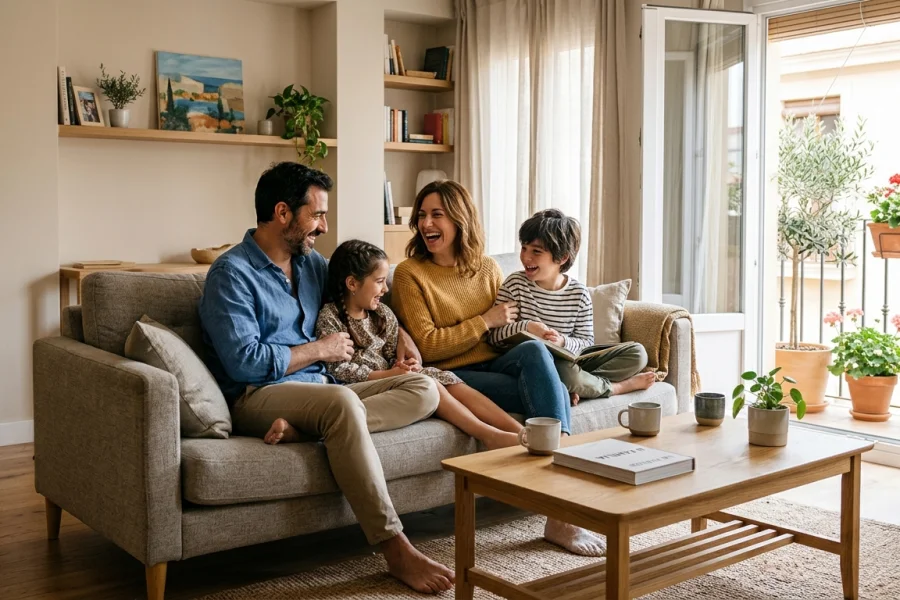 Familia disfrutando de su salón con paredes pintadas en tonos cálidos y neutros.