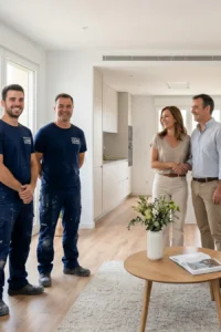 Cliente satisfecho junto a pintores profesionales tras pintar un piso en Valencia