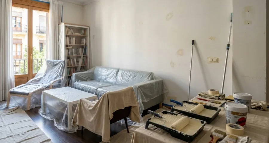 Piso amueblado preparado para pintar con los muebles protegidos.