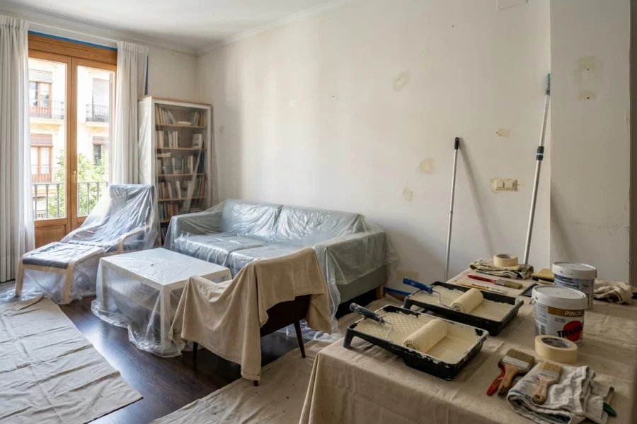Piso amueblado preparado para pintar con los muebles protegidos.